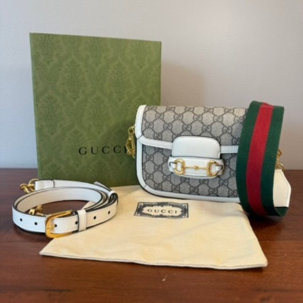 Gucci Horsebit 1955 Small Shoulder Bag GG Supreme White Leather